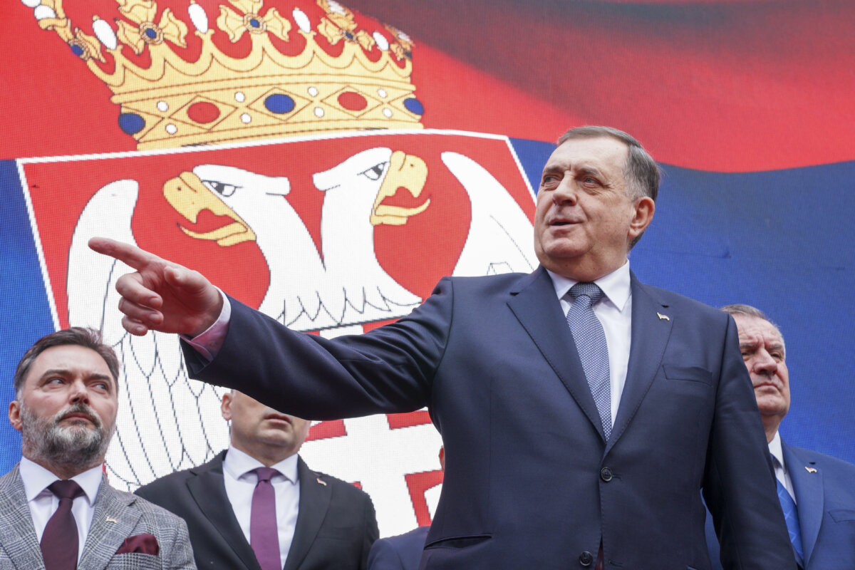 Bosnian Serb President Milorad Dodik speaks during a rally in Banja Luka, Bosnia-Herzegovina, on Feb. 26, 2025. (Radivoje Pavicic, AP)