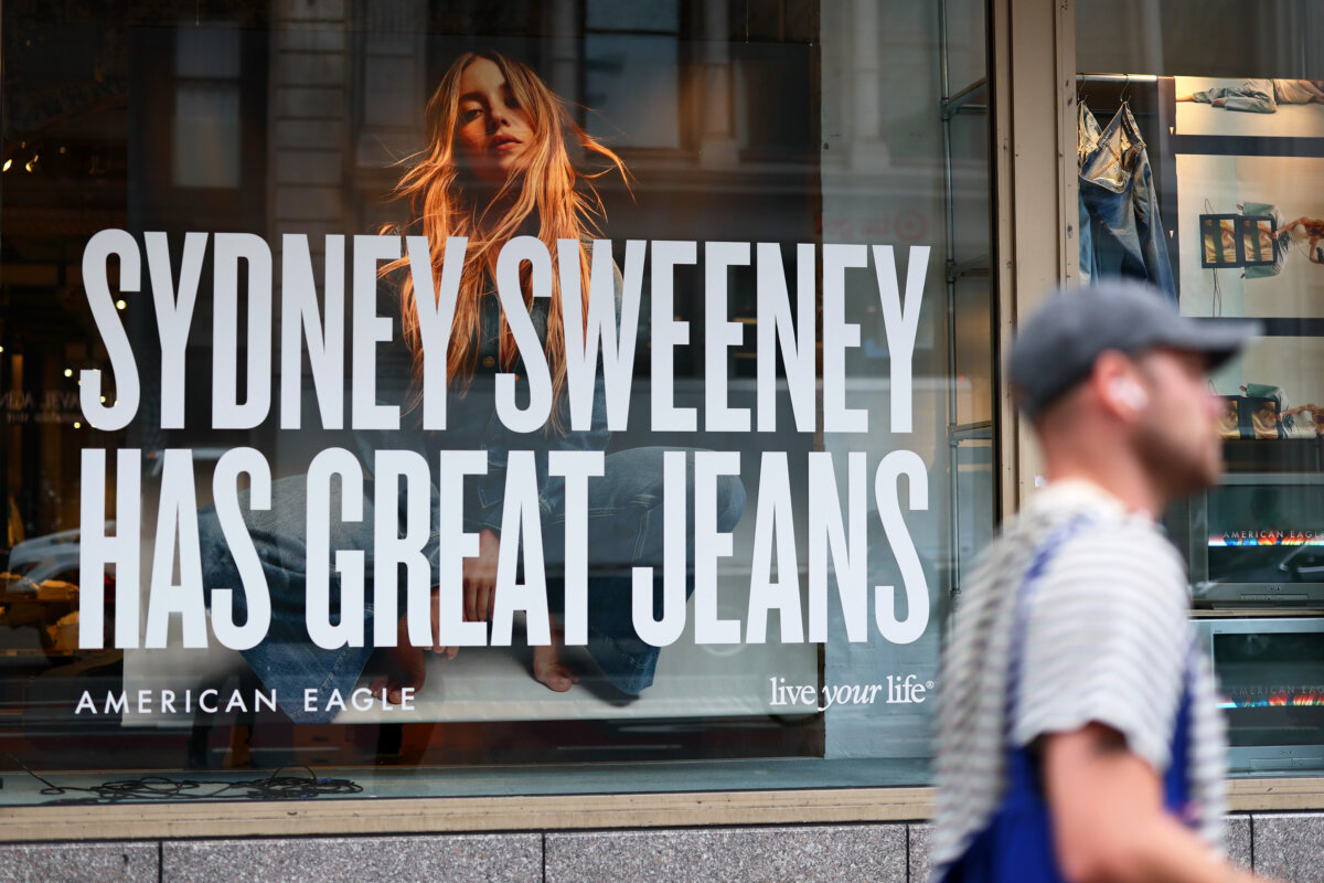 A window display of actress Sydney Sweeney at an American Eagle store in New York City on Aug. 1, 2025. (Michael M. Santiago/Getty Images)
