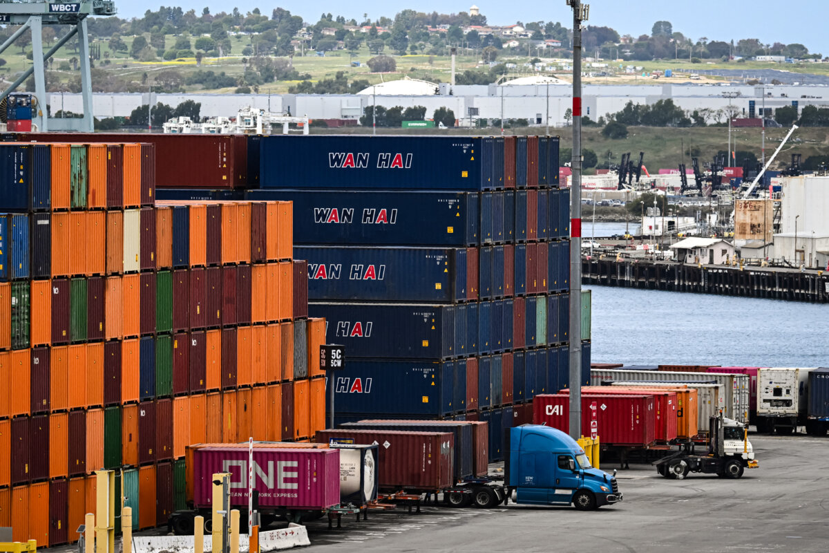 Cargo containers at the Port of Los Angeles on April 15, 2025. (Patrick T. Fallon/AFP via Getty Images)