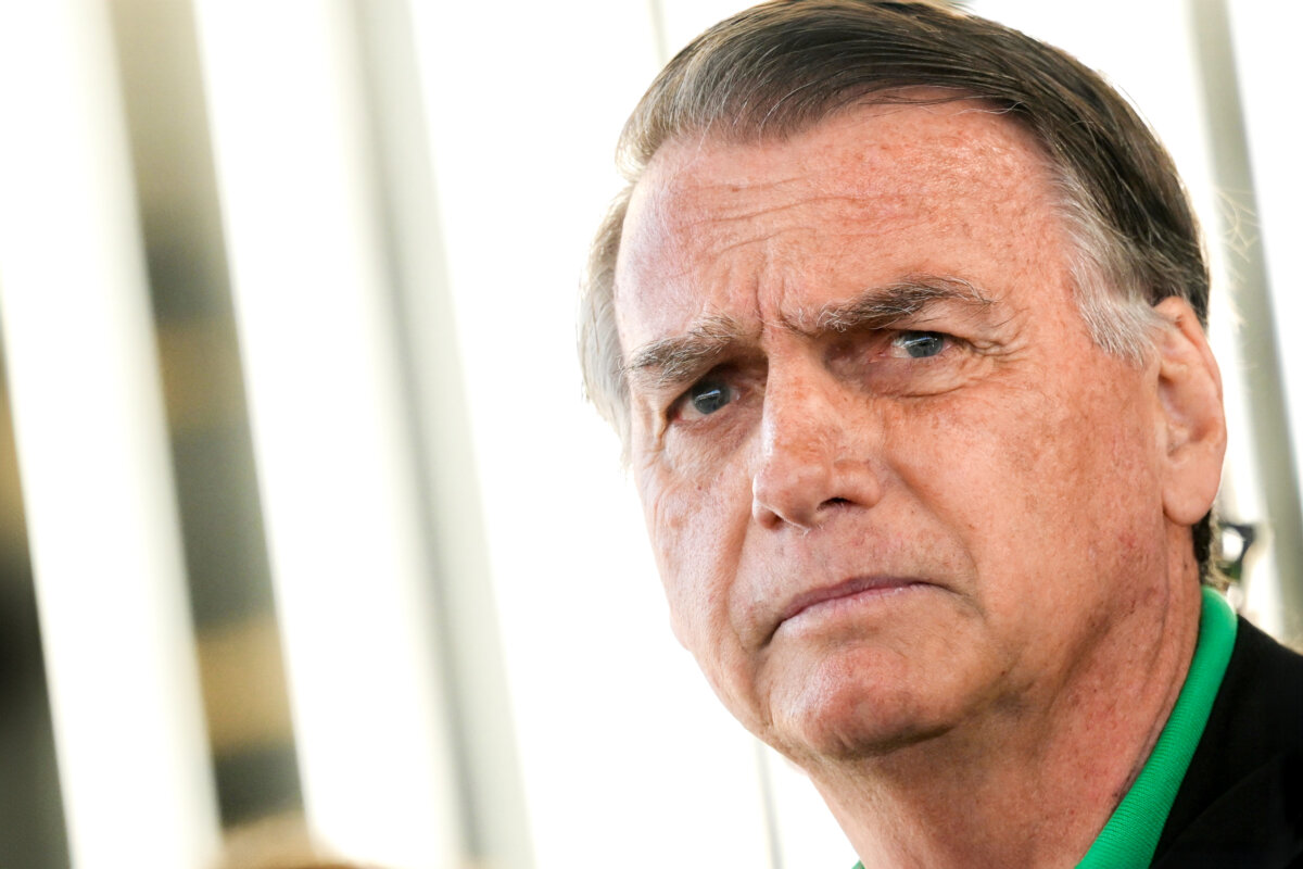Former Brazilian President Jair Bolsonaro gestures as he speaks to the press at the Federal Senate in Brasilia, on July 17, 2025. (Mateus Bonomi/AFP via Getty Images)