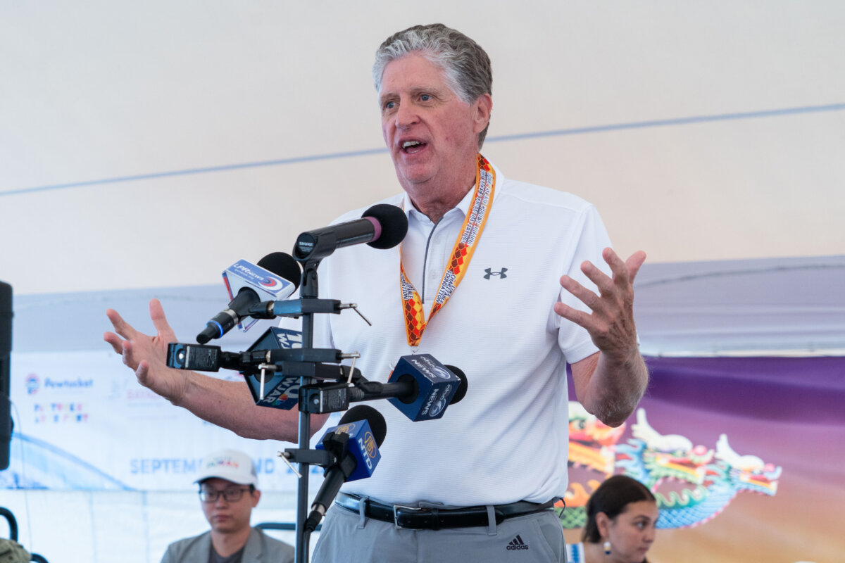 Rhode Island Gov. Dan McKee speaks at the state's Taiwan Day Dragon Boat Festival in Pawtucket, R.I., on Sept. 2, 2023. (Learner Liu/The Epoch Times)