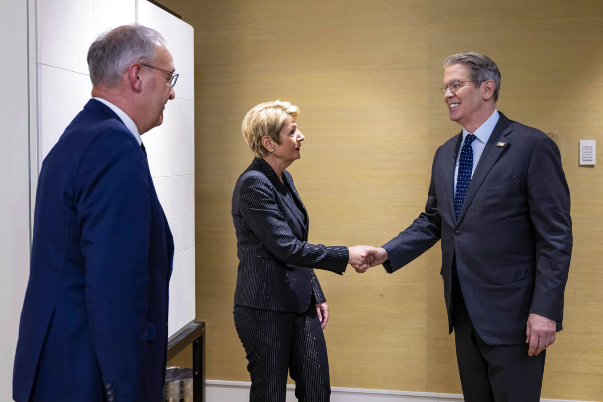 U.S Secretary of the Treasury Scott Bessent (R), with Swiss President Karin Keller-Sutter (C), and Swiss Economy Minister Guy Parmelin (L), in Geneva, Switzerland, on May 9, 2025. (Martial Trezzini/Keystone via AP)