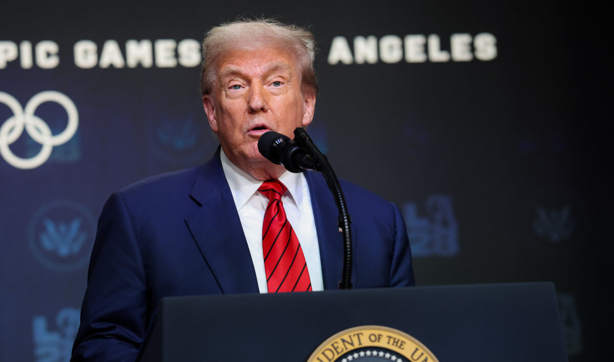 President Donald Trump speaks before signing an executive order in the South Court Auditorium in the Eisenhower Executive Office Building in Washington on Aug. 5, 2025. (Win McNamee/Getty Images)