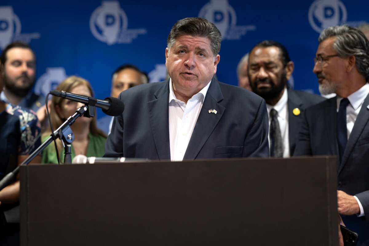 Illinois Gov. JB Pritzker speaks during a press conference with Texas Democrats at the International Union of Painters and Allied Trades union hall in Aurora, Ill., on Aug. 5, 2025. (Scott Olson/Getty Images)