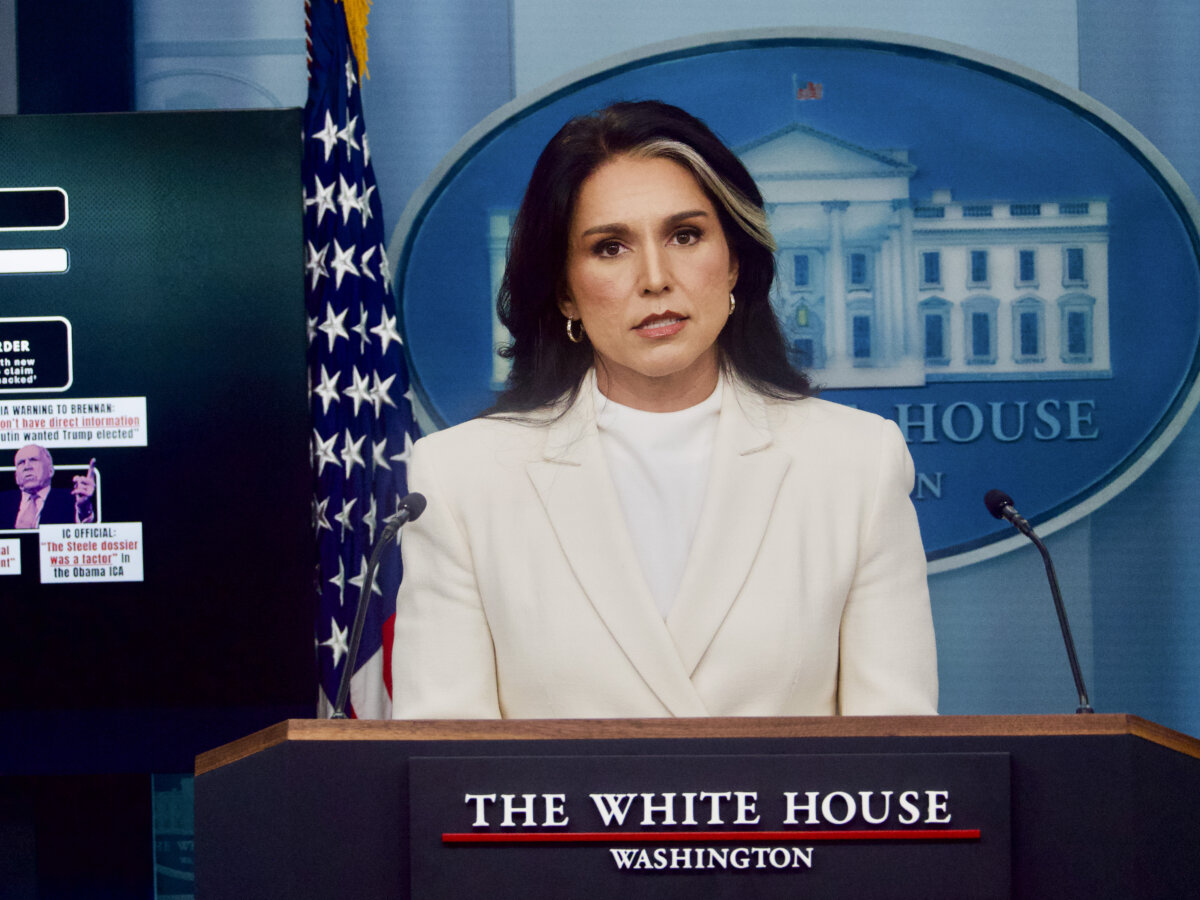 Director of National Intelligence Tulsi Gabbard speaks to reporters during a briefing at the White House in Washington on July 23, 2025. (Travis Gillmore/The Epoch Times)