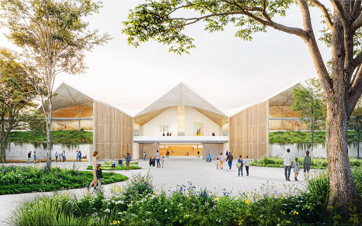 A rendering of the planned art and design museum on the former Birkenstock campus in Novato, Calif. (Courtesy of Herzog & de Meuron)