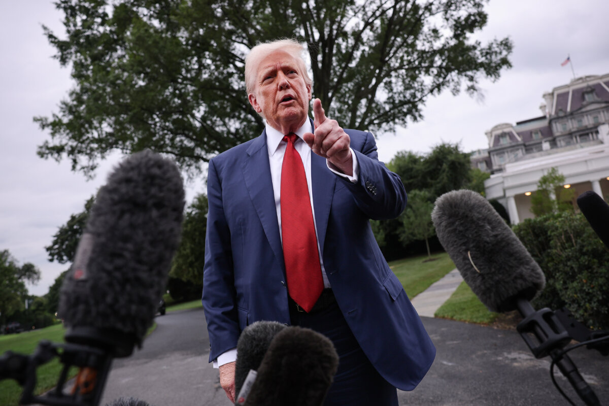 President Donald Trump speaks to the media as he departs the White House on Aug. 1, 2025. (Win McNamee/Getty Images)