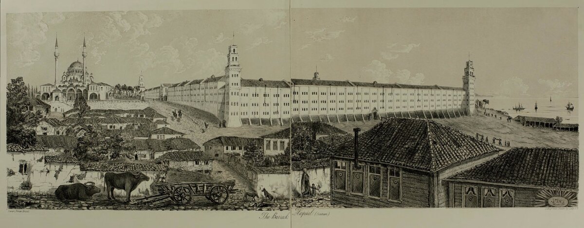 A 1857 sketch of Scutari Barracks and Hospital, now known as Selimiye Barracks, was illustrated by Lady Alicia Blackwood. Florence Nightingale earned her superlative reputation by applying hygienic practices at the institution. (Public Domain)