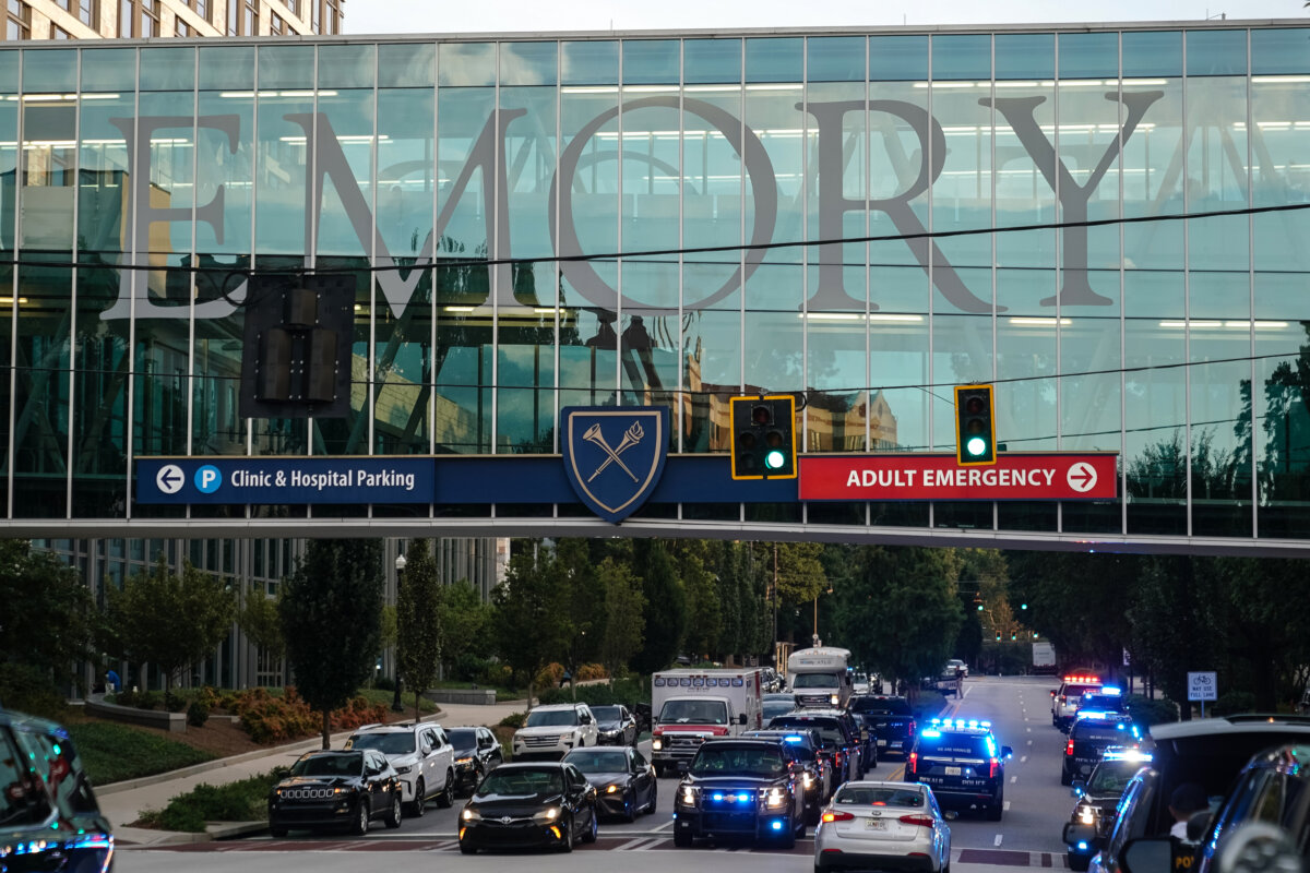 Law enforcement vehicles outside Emory Hospital following an active shooter incident in Atlanta on Aug. 8, 2025. (Elijah Nouvelage/Getty Images)