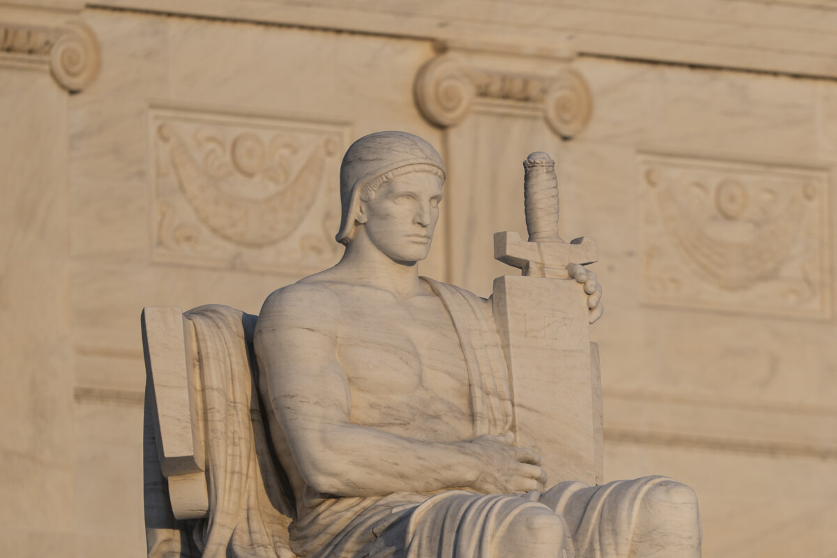 Authority of Law statue at the U.S. Supreme Court in Washington on Aug. 8, 2025. (Madalina Kilroy/The Epoch Times)