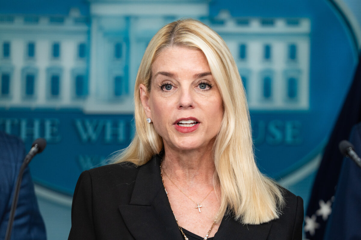 Attorney General Pam Bondi speaks during a press briefing at the White House in Washington on Aug. 11, 2025. (Madalina Kilroy/The Epoch Times)