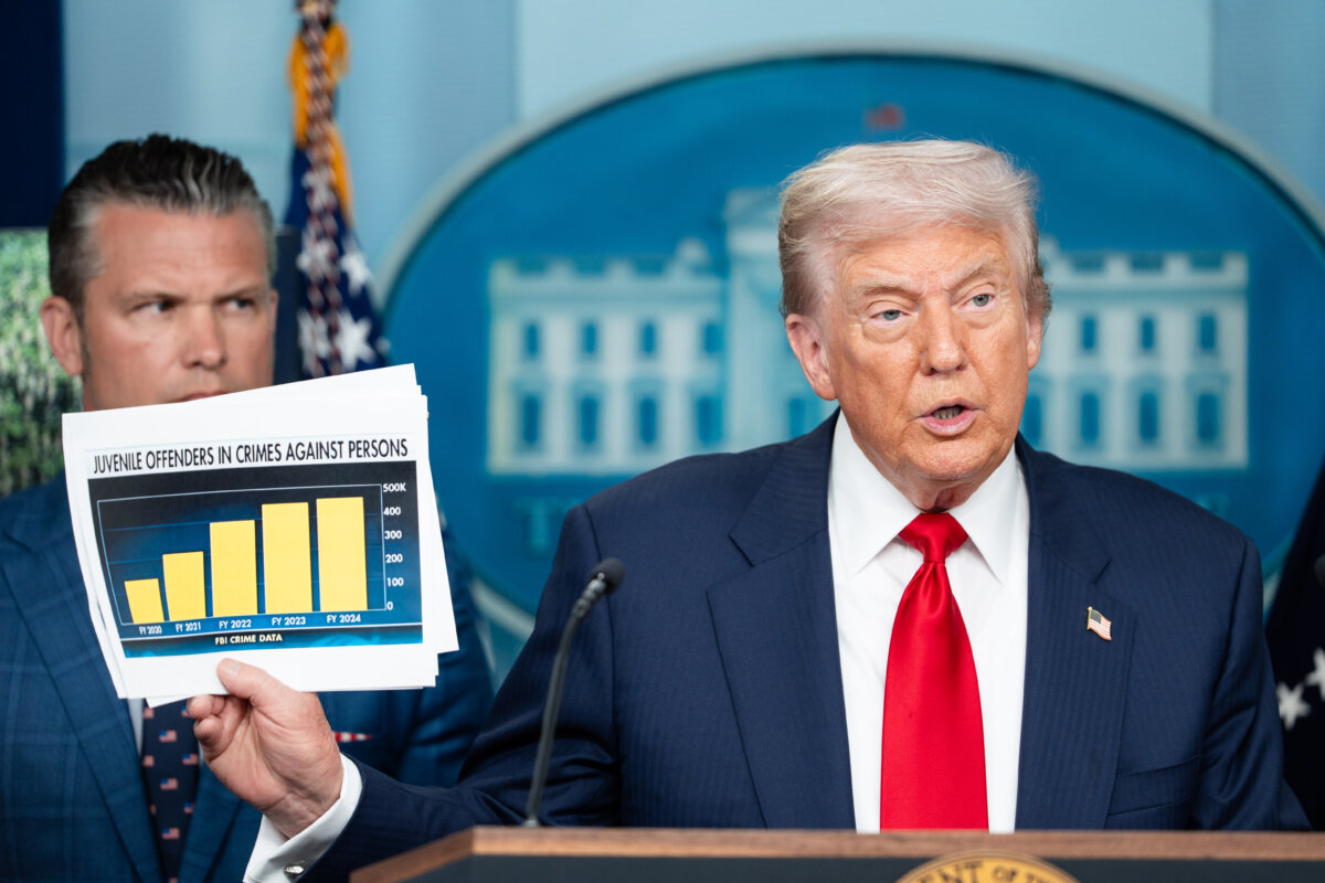 President Donald Trump speaks during a press briefing at the White House in Washington on Aug. 11, 2025. (Madalina Kilroy/The Epoch Times)