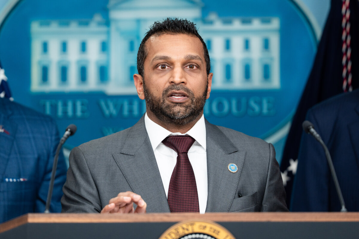FBI Director Kash Patel speaks during a news briefing at the White House on Aug. 11, 2025. (Madalina Kilroy/The Epoch Times)