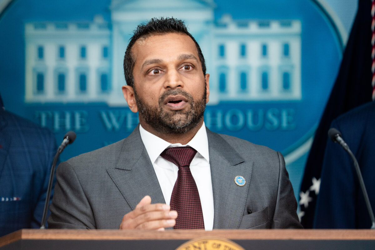FBI Director Kash Patel speaks during a press briefing at the White House in Washington on Aug. 11, 2025. (Madalina Kilroy/The Epoch Times)
