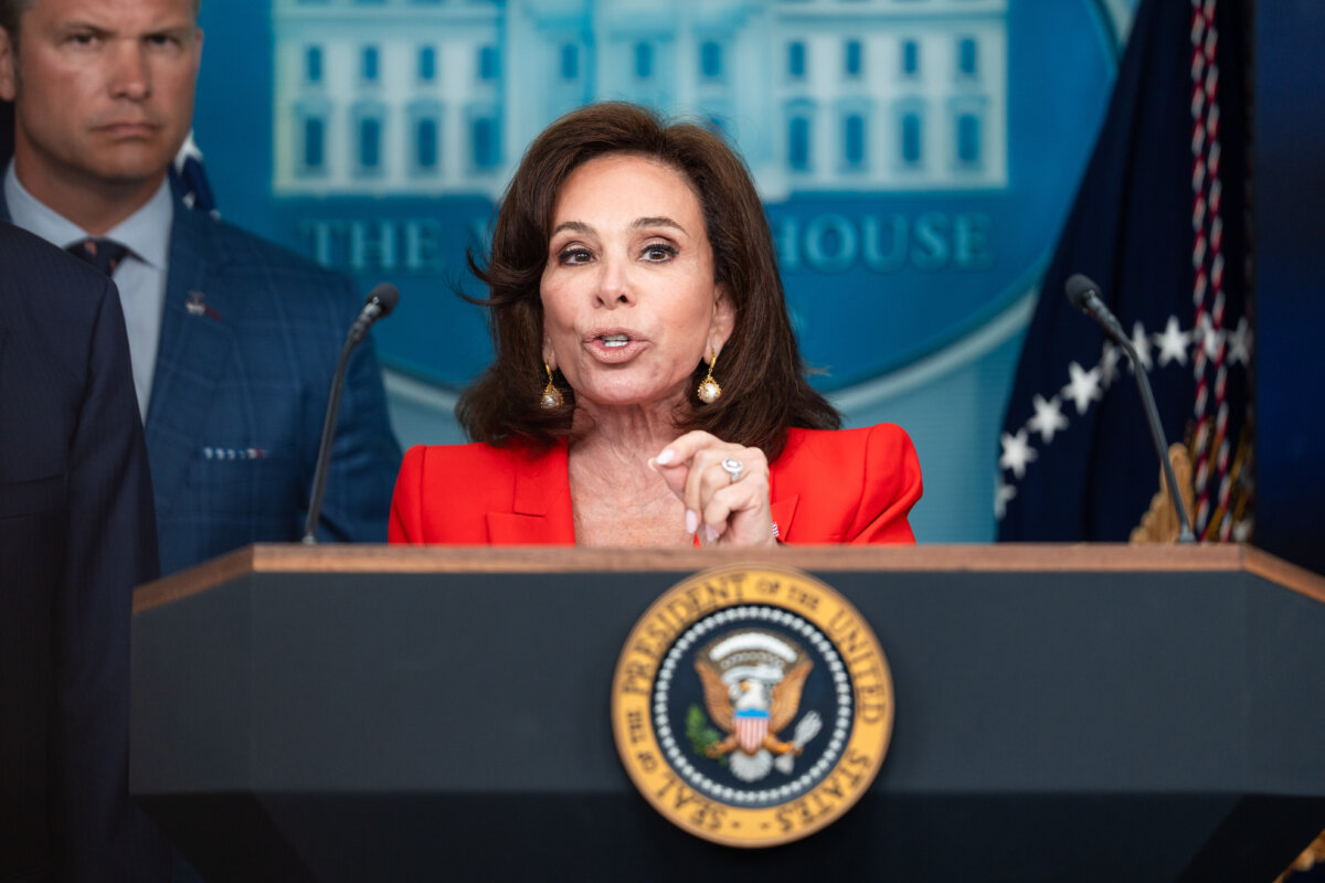 District of Columbia U.S. Attorney Jeanine Pirro speaks during a news briefing at the White House on Aug. 11, 2025. (Madalina Kilroy/The Epoch Times)