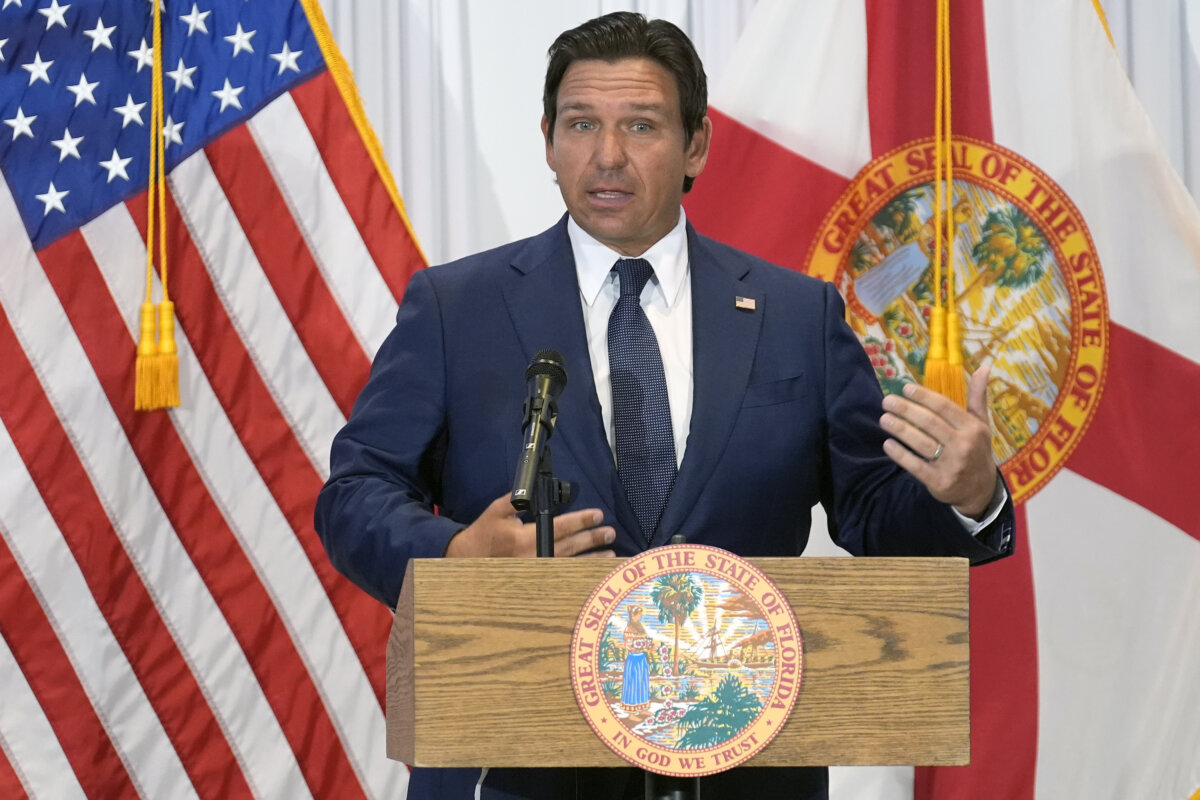 Florida Gov. Ron DeSantis gestures during a news conference in Tampa, Fla., on Aug. 12, 2025. (Chris O'Meara/AP Photo)