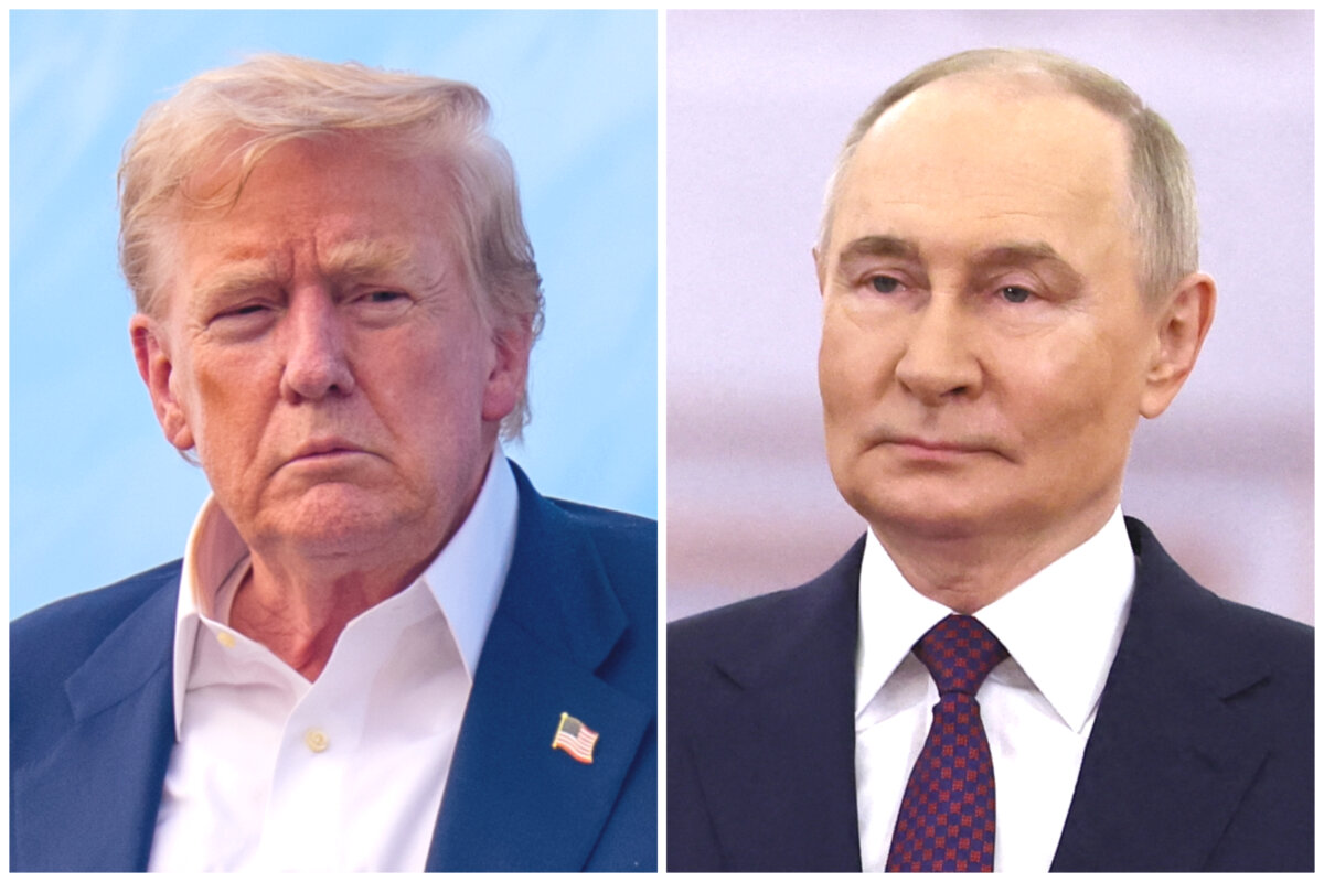 (Left) U.S. President Donald Trump at Andrews Air Force Base, Md., on July 29, 2025. (Right) Russian President Vladimir Putin at the Kremlin in Moscow on May 8, 2025. (Andrew Harnik/Getty Images; Evgenia Novozhenina/Pool/AFP via Getty Images)