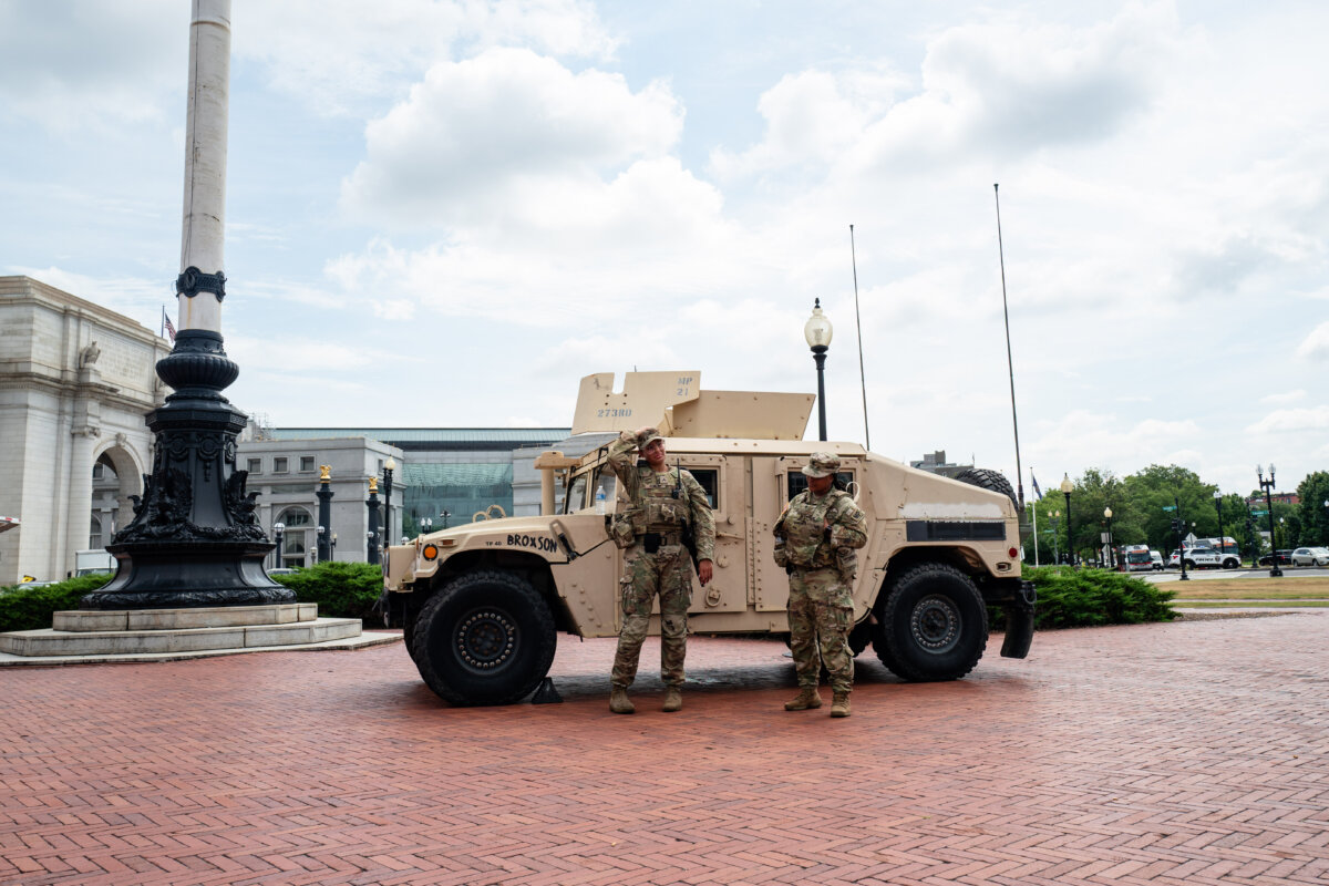 Members of the National Guard patrol Union Station in Washington on Aug. 14, 2025. (Madalina Kilroy/The Epoch Times)
