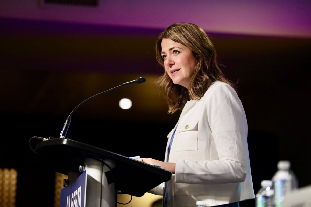 Alberta Premier Danielle Smith speaks during an Alberta Next Panel town hall in Edmonton on July 16, 2025. (Office of the Premier)