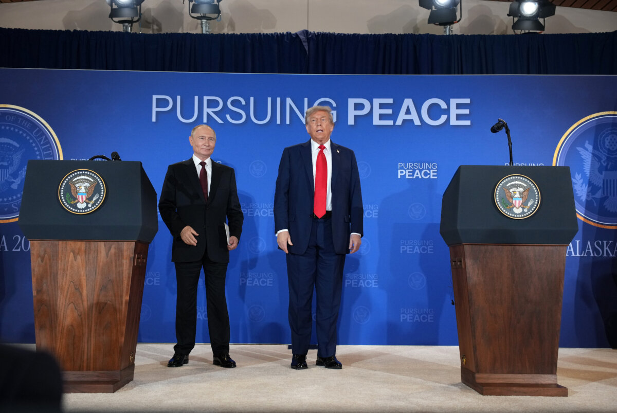 President Donald Trump (R) and Russian President Vladimir Putin leave following a press conference at Joint Base Elmendorf-Richardson in Anchorage, Alaska, on Aug. 15, 2025. (Andrew Harnik/Getty Images)