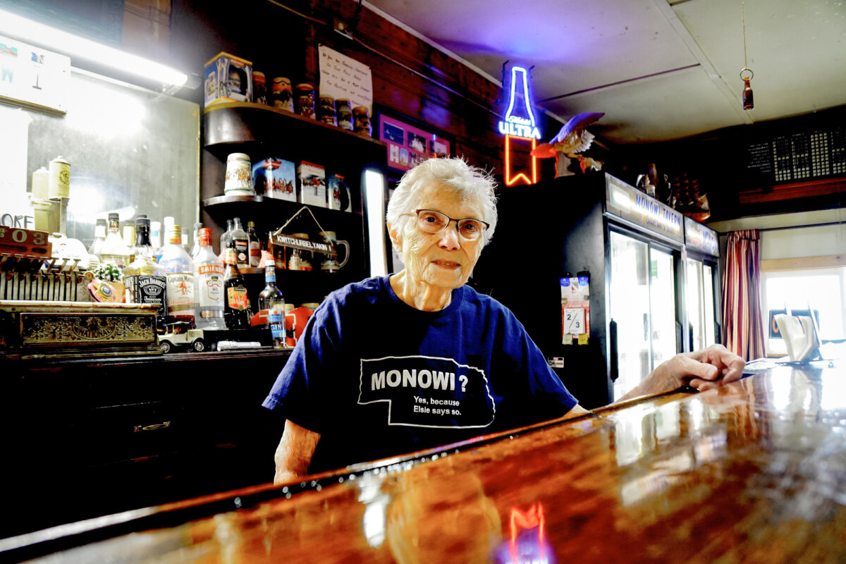 Elsie Eiler, 91, at the Monowi Tavern in Monowi, Neb., on Aug. 3, 2025. (Allan Stein/The Epoch Times)