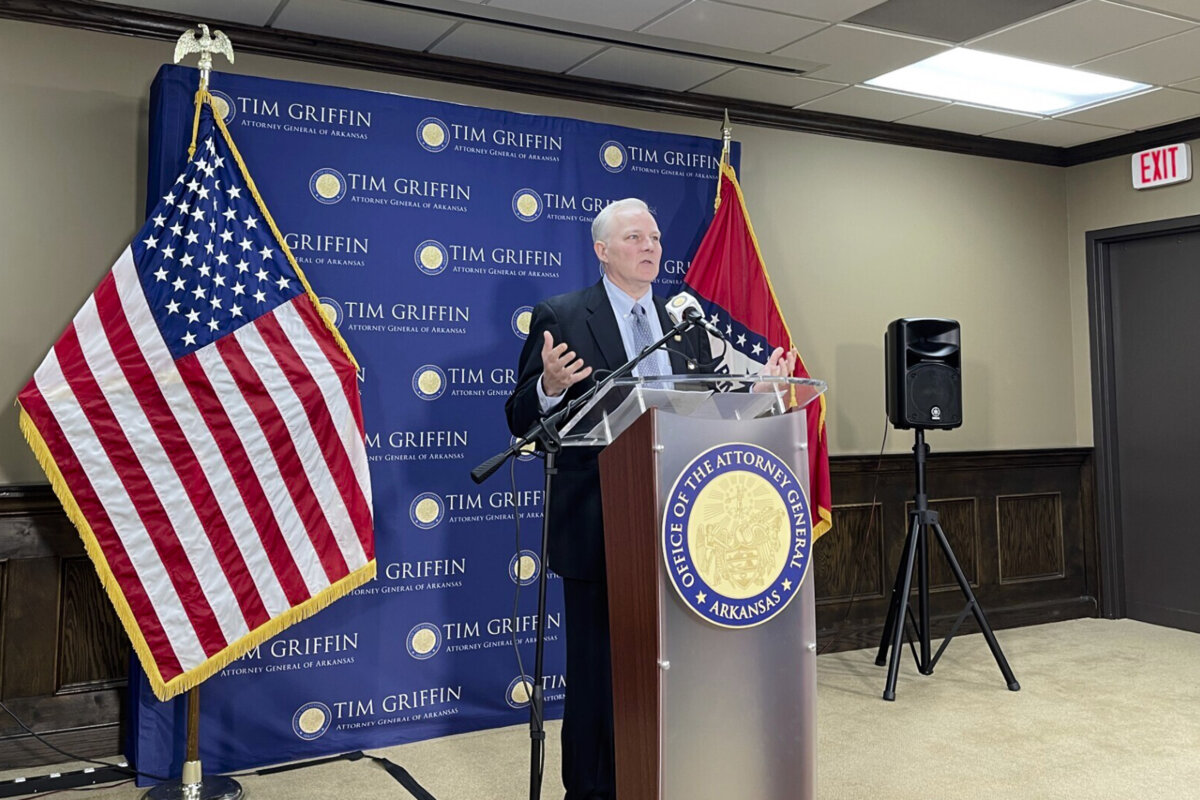 Arkansas Attorney General Tim Griffin speaks at a news conference in downtown Little Rock, Ark., on Sept. 30, 2024. (AP Photo/Andrew DeMillo)