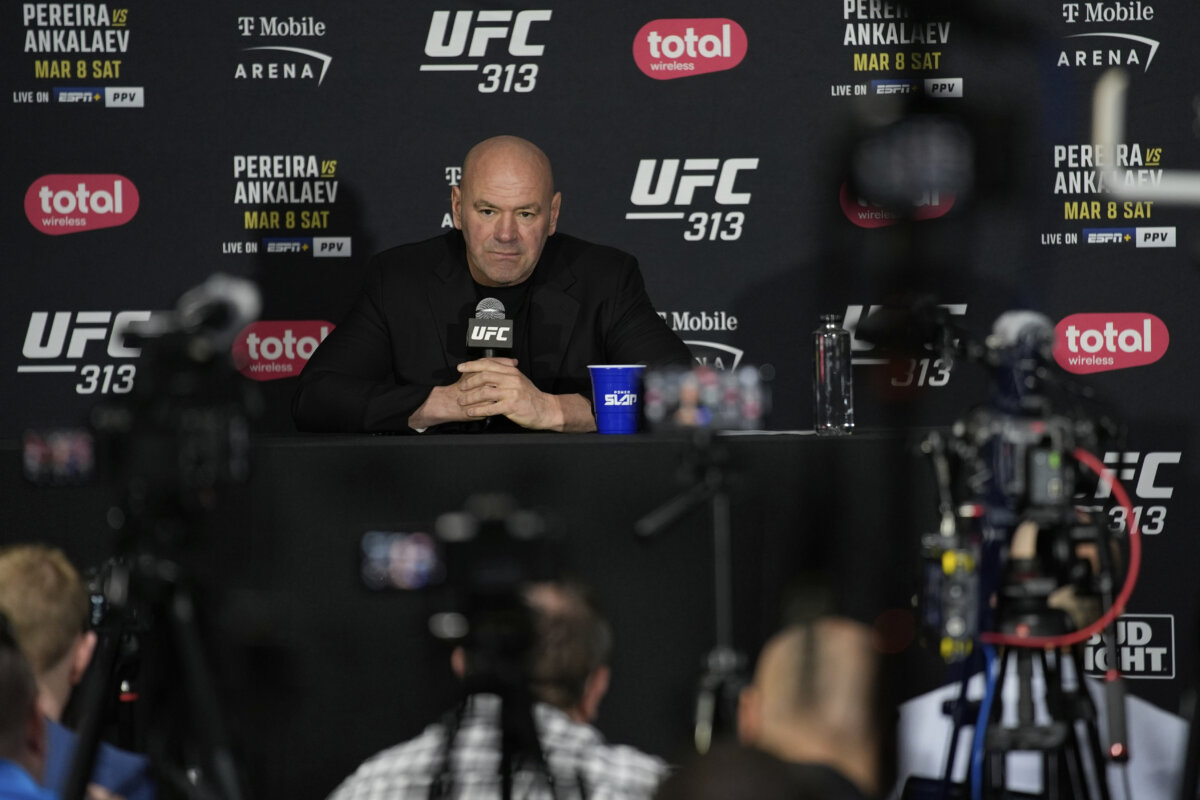 Dana White, CEO of the Ultimate Fighting Championship, speaks during a news conference following the UFC 313 mixed martial arts event on March 8, 2025, in Las Vegas. (John Locher/AP Photo)