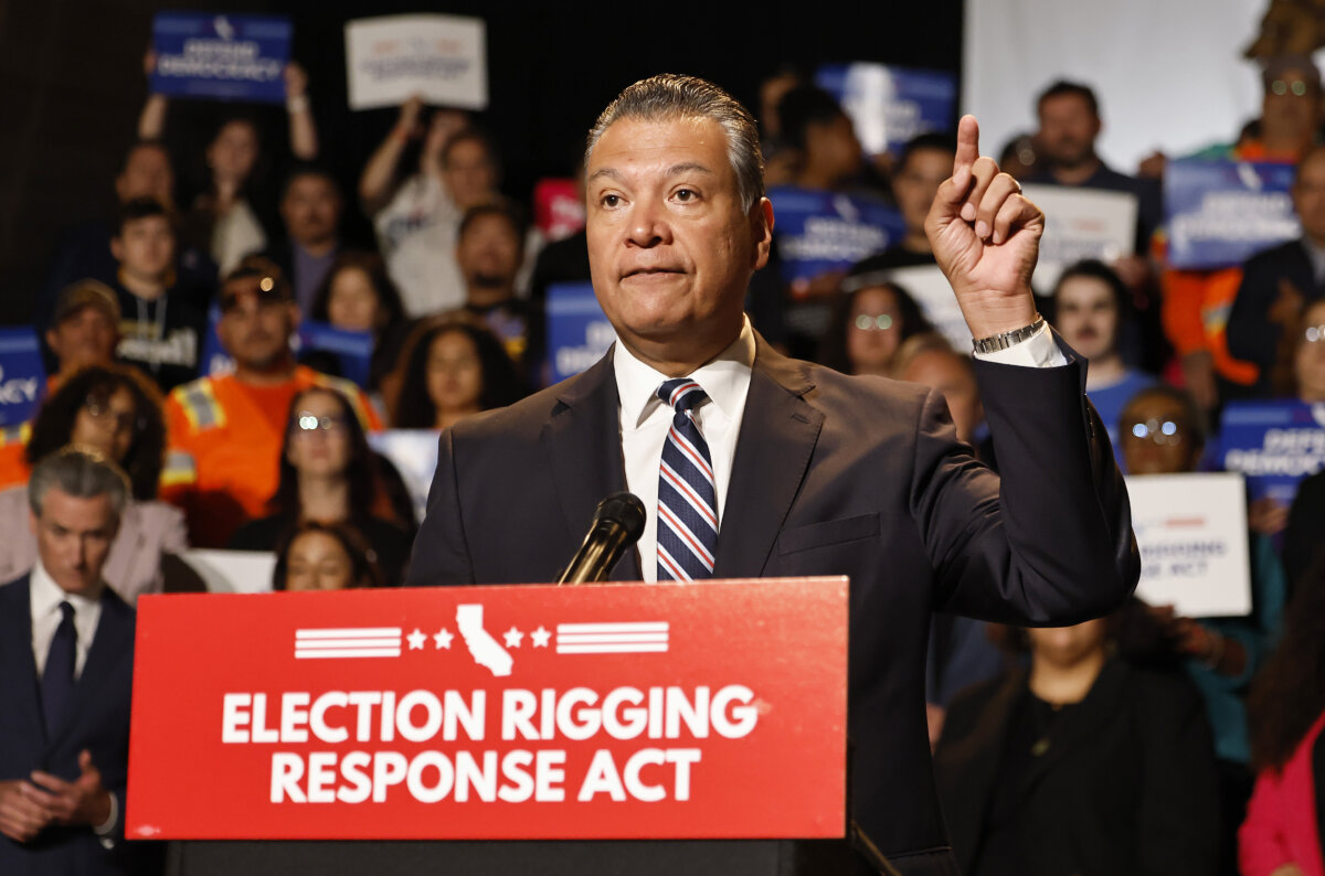 U.S. Sen. Alex Padilla (D-Calif.) speaks at a press conference at the Democracy Center, Japanese American National Museum in Los Angeles on Aug. 14, 2025. (Mario Tama/Getty Images)