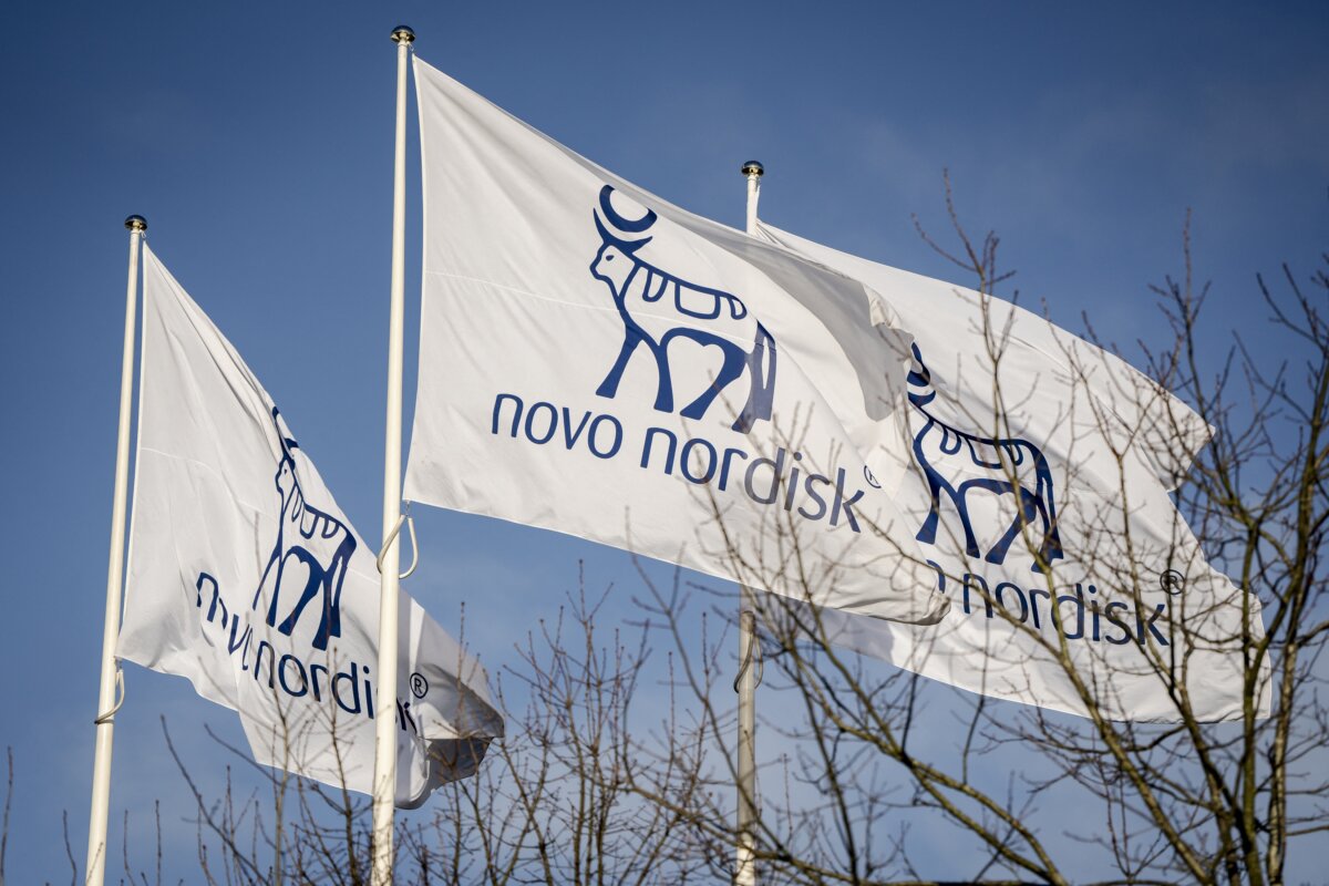 Flags with the logo of Novo Nordisk, the maker of Ozempic and Wegovy, in a file image. (Mads Claus Rasmussen/Ritzau Scanpix/AFP via Getty Images)