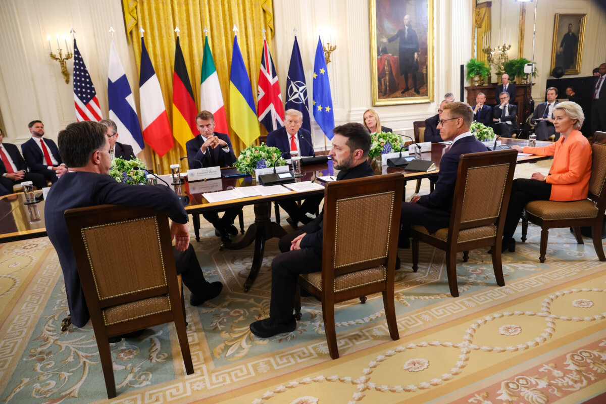 President Donald Trump hosts European leaders at the White House to discuss possible security guarantees for Ukraine on Aug. 18, 2025. (Win McNamee/Getty Images)