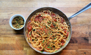 Bucatini With Burst Cherry Tomatoes and Fried Caper Crumbs Offers Ample Flavor