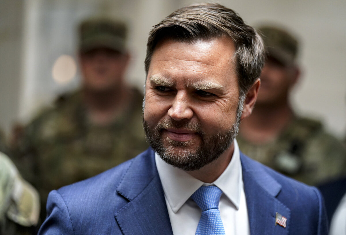 Vice President JD Vance meets members of the National Guard during a visit to Union Station in Washington on Aug. 20, 2025. (Al Drago/Pool via Getty Images)
