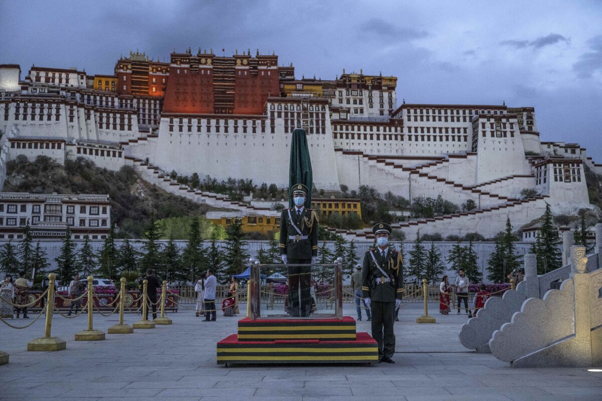 Chinese ceremonial military guard stand in front of the Potala Palace in Lhasa, Tibet, on June 1, 2021. (Kevin Frayer/Getty Images)