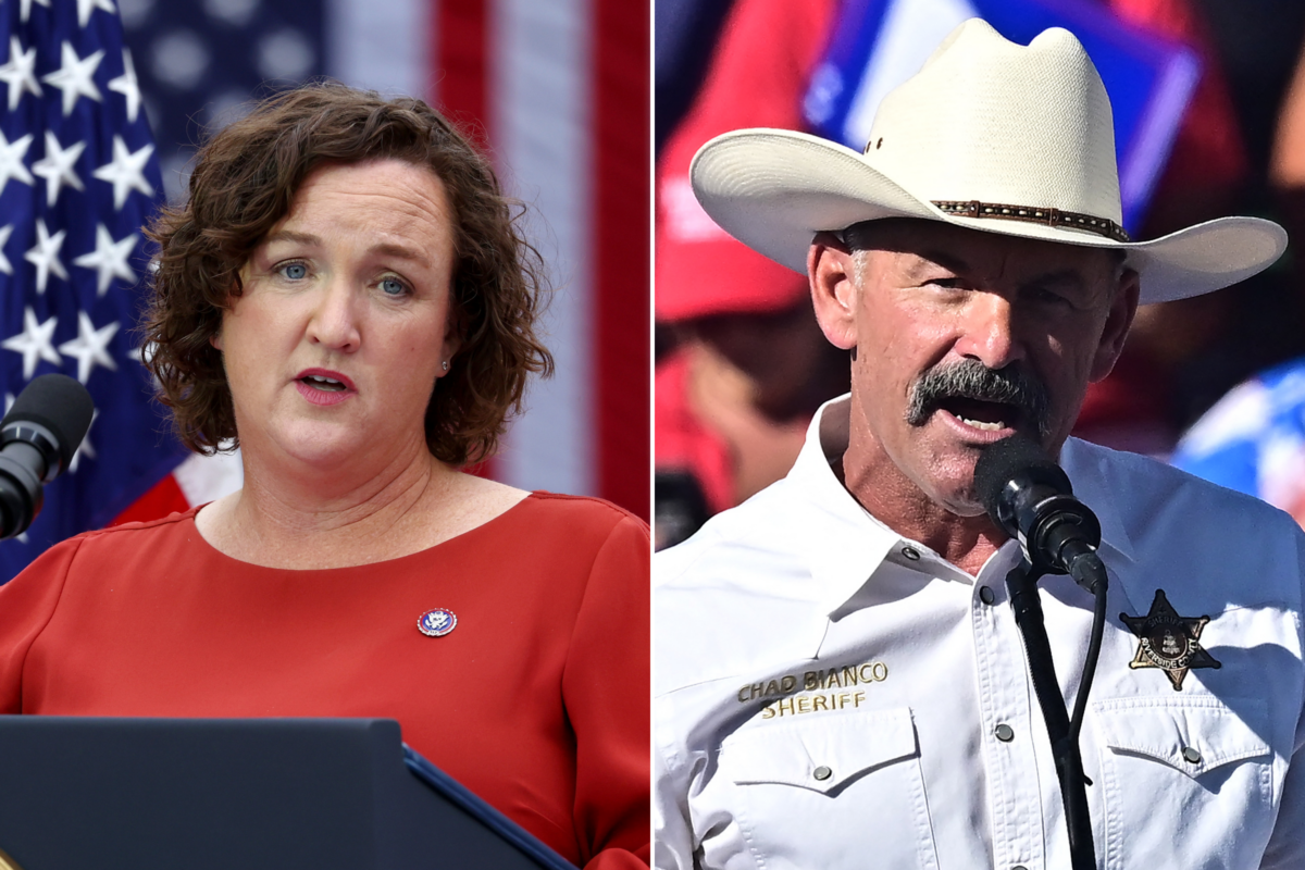 (Left) U.S. Rep. Katie Porter (D-Calif.) speaks at Irvine Valley College in Orange County in Irvine, Calif., on Oct. 14, 2022. (Right) Riverside County Sheriff Chad Bianco addresses supporters of former President and Republican presidential candidate Donald Trump during a rally in Coachella, Calif., on Oct. 12, 2024. (Mario Tama/Getty Images; Frederic J. Brown/AFP via Getty Images)