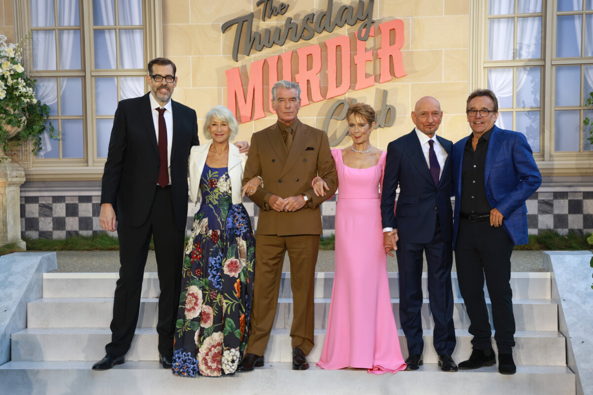 Author Richard Osman, Dame Helen Mirren, Pierce Brosnan, Celia Imrie, Sir Ben Kingsley, and director Chris Columbus at the UK premiere of "The Thursday Murder Club"