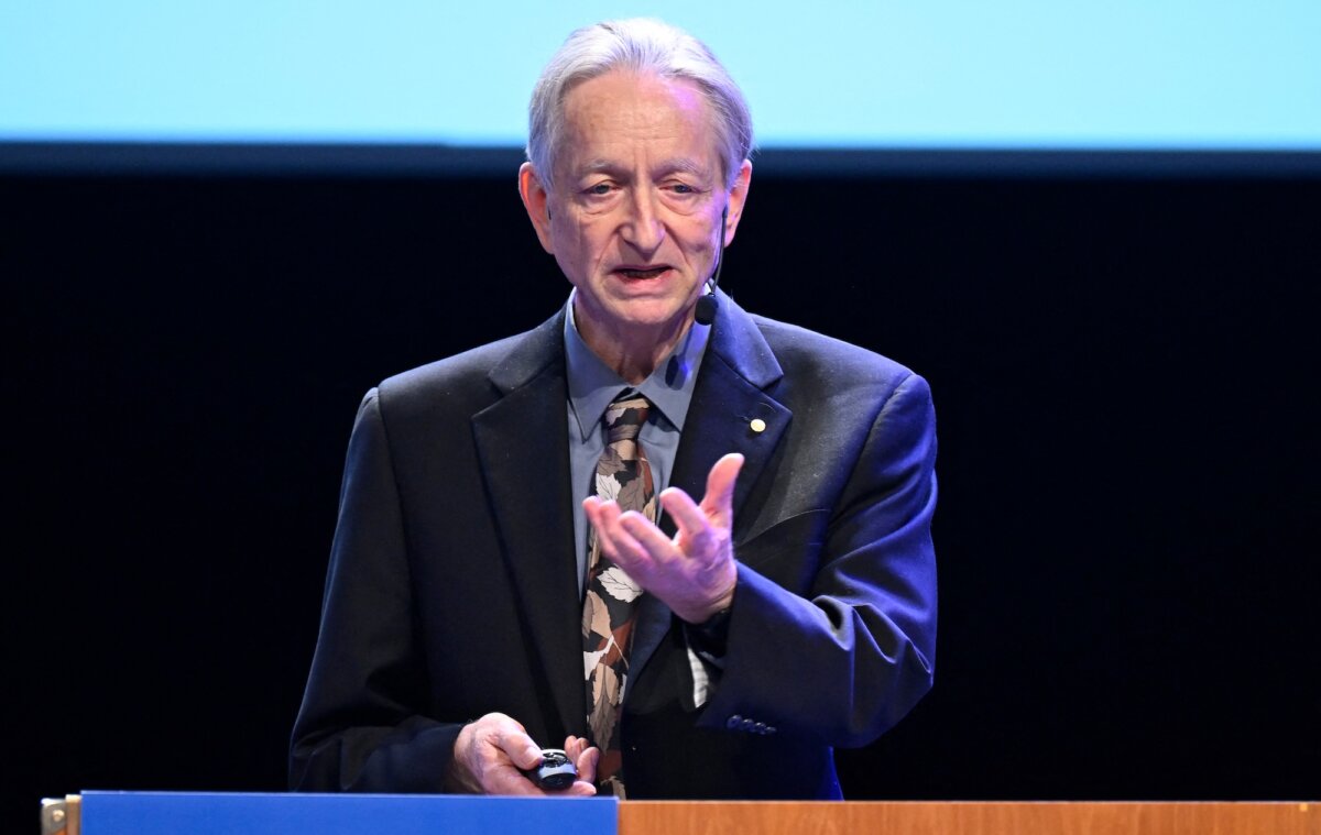 Nobel laureate Geoffrey Hinton delivers his lecture at Stockholm University in Stockholm, Dec. 8, 2024. (Pontus Lundahl/TT News Agency/AFP via Getty Images)