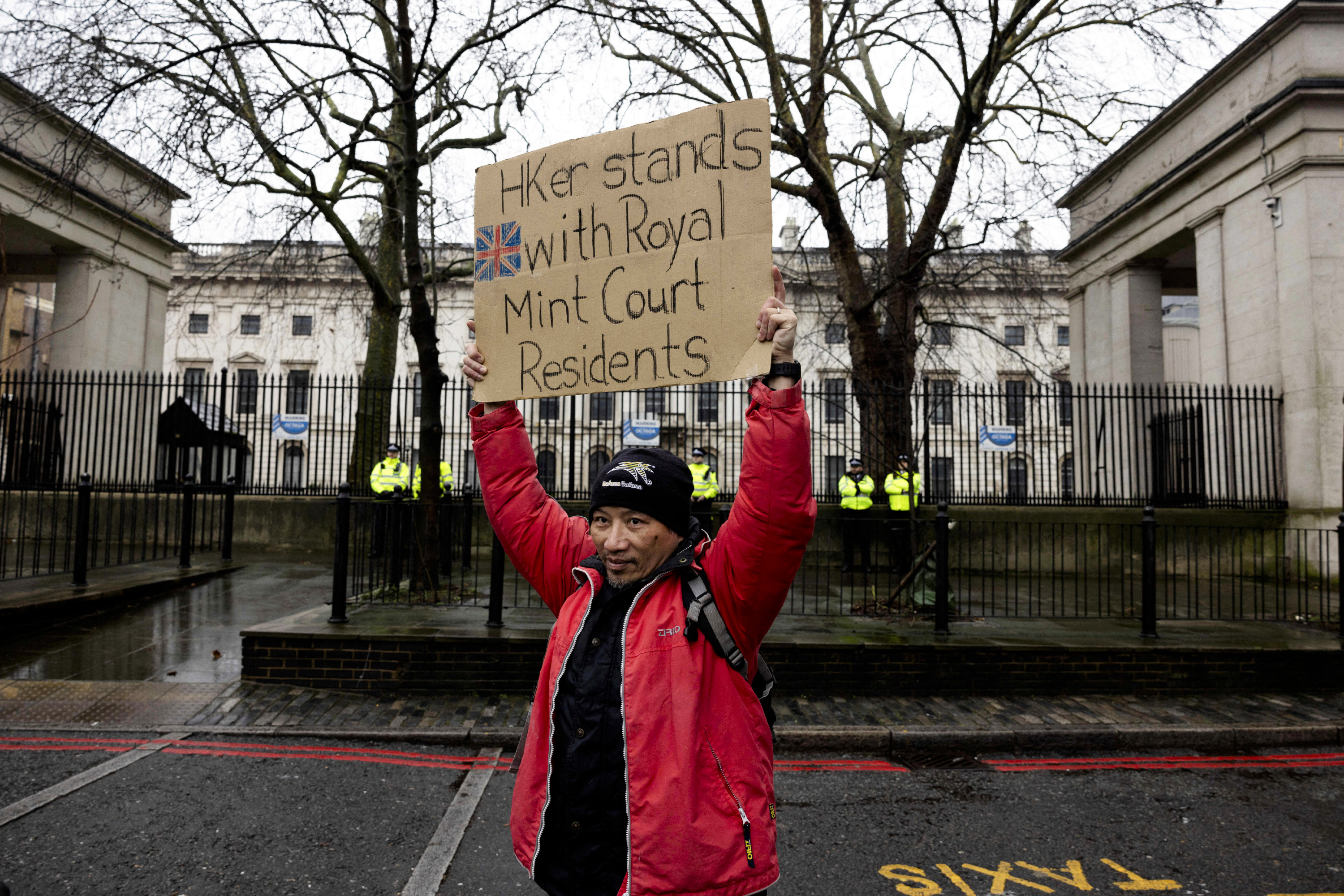 FILE PHOTO: Demonstration against the proposed site of the new Chinese Embassy, outside Royal Mint Court, in London