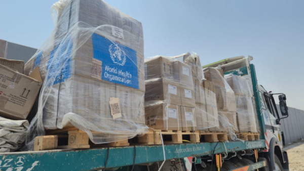 A truck laden with World Health Organisation (WHO) medical supplies drives along the "Philadelphia Corridor" in an attempt to pass an IDF checkpoint and deliver medical supplies to Gaza.