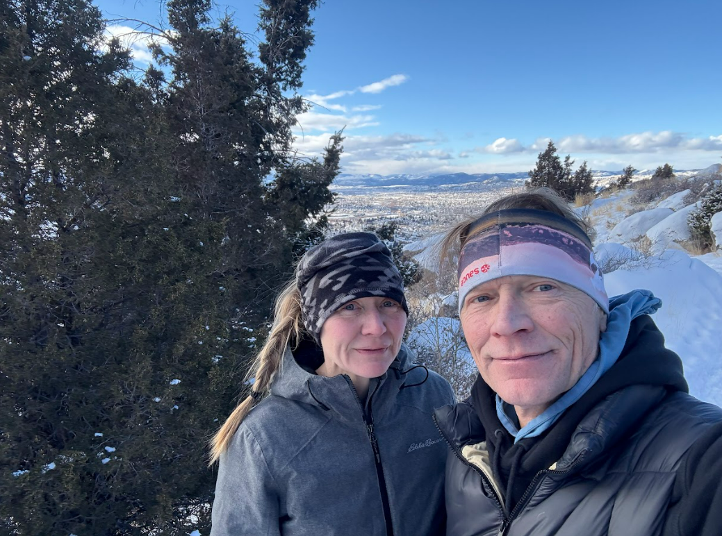 Elise (L) and Andy Pilskalns on a trail where they run near their house, more than a decade after Andy's heart failure diagnosis. (Courtesy of Elise Pilskalns)