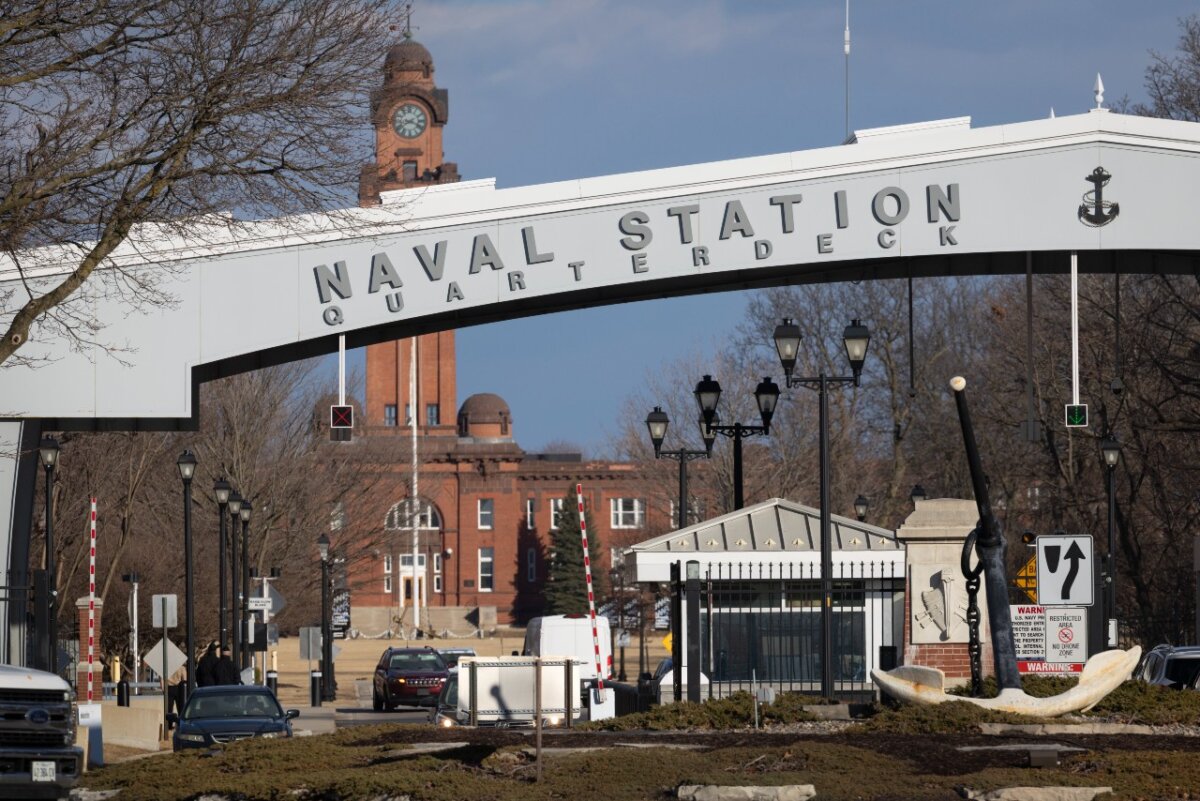 A sign marks the main gate at Naval Station Great Lakes in Great Lakes, Illi., on Feb. 27, 2025. (Scott Olson/Getty Images)