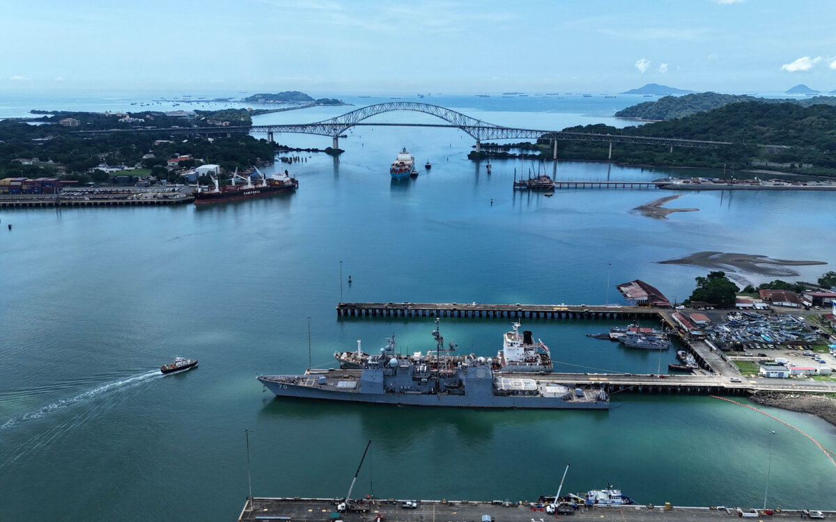 The U.S. Navy warship USS Lake Erie docks at the Port of Balboa in Panama City on Aug. 29, 2025. The United States sent three warships to the region amid escalating tensions with Venezuela. (Mauricio Valenzuela/AFP via Getty Images)