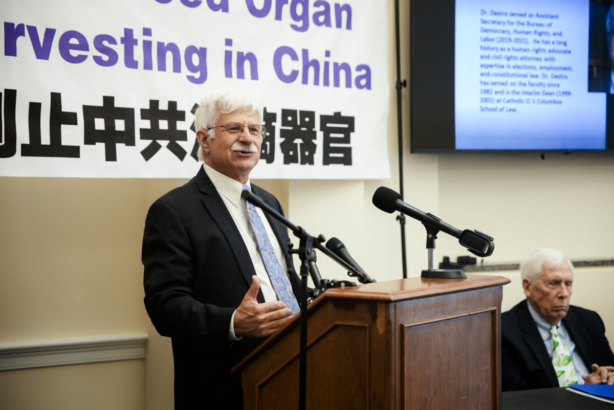 Robert Destro, former assistant secretary of state for Democracy, Human Rights, and Labor, speaks about forced organ harvesting at a briefing held at the Cannon House Office Building in Washington, on Sept. 4, 2024. (Alex Martin for The Epoch Times)
