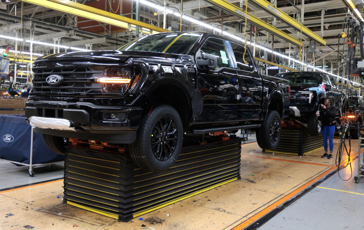 A Ford F-150 pickup on the assembly line at a plant in Dearborn, Mich., on April 11, 2024. (Rebecca Cook/Reuters)