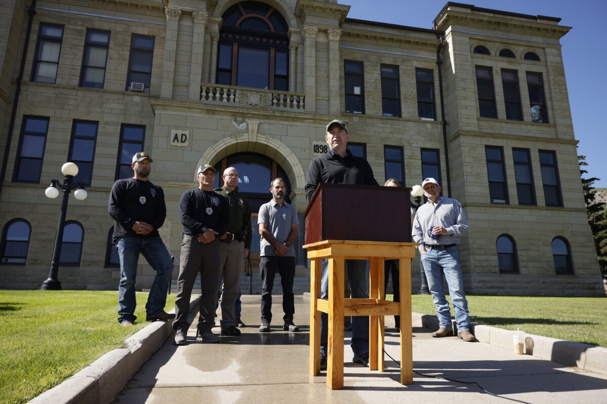 Montana Attorney General Austin Knudsen speaks to the media in front of the Anaconda-Deer Lodge County Courthouse in Anaconda, Mont., on Aug. 3, 2025, about the ongoing search for shooting suspect Michael Brown. (Joseph Scheller/The Montana Standard via AP)