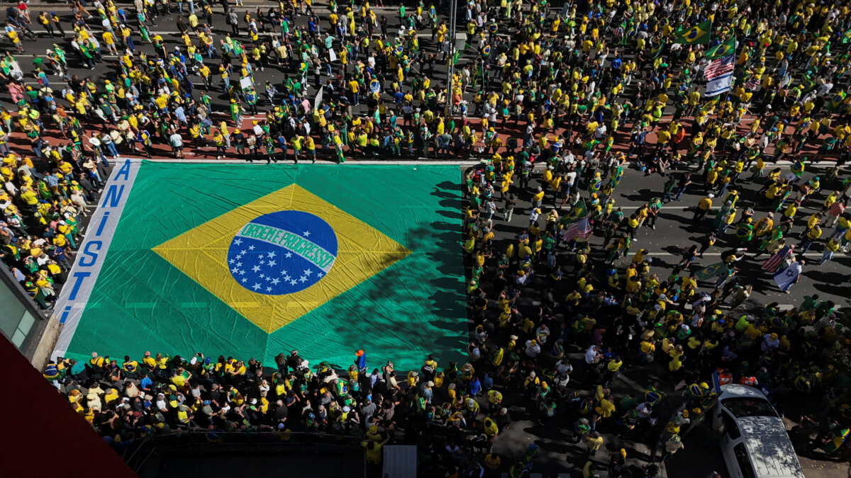 Supporters of former Brazilian President Jair Bolsonaro taking part in a demonstration against the Supreme Court's measures in his trial, in Sao Paulo, Brazil, on Aug. 3, 2025. (Jorge Silva/Reuters)