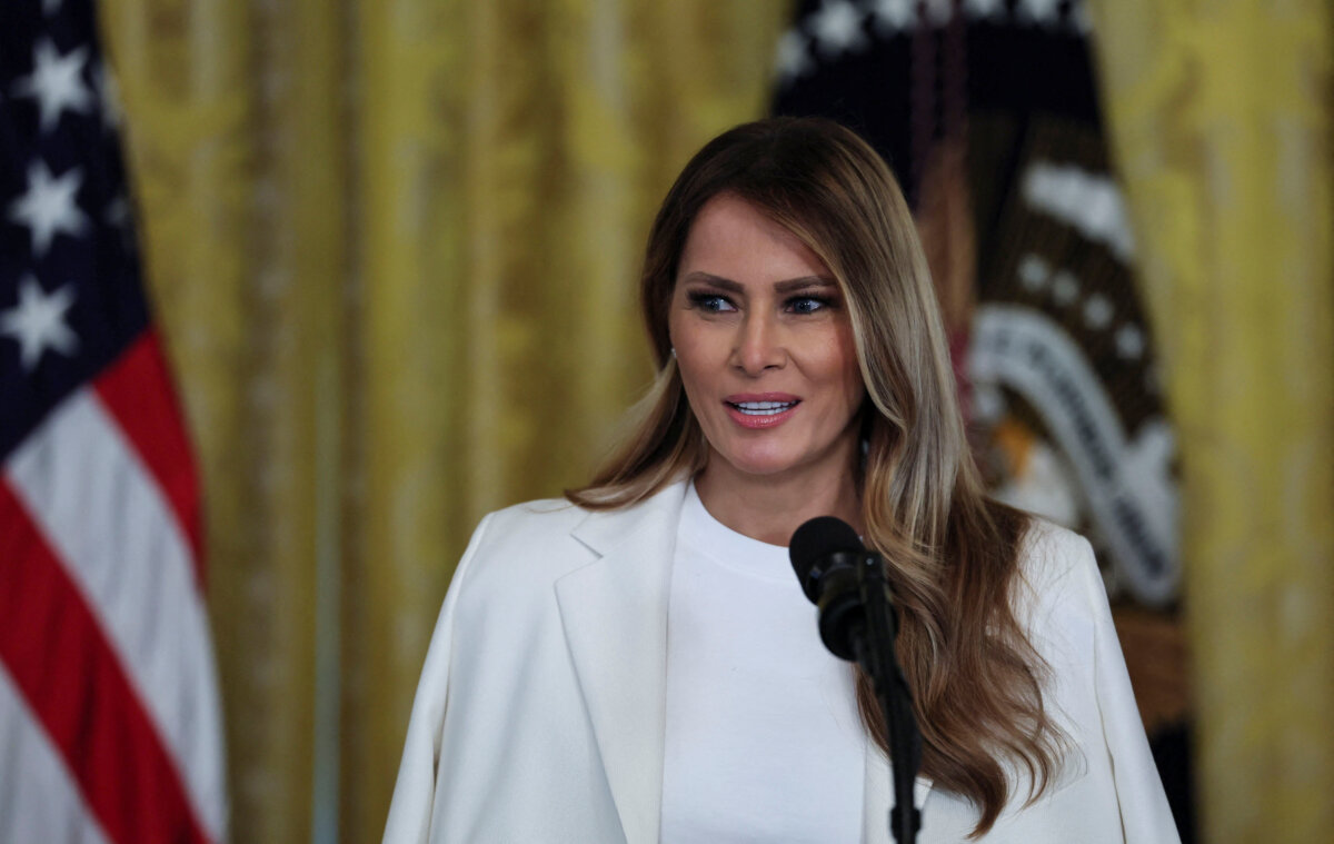 First Lady Melania Trump speaks at the White House on May 8, 2025. (Leah Millis/File Photo/Reuters)