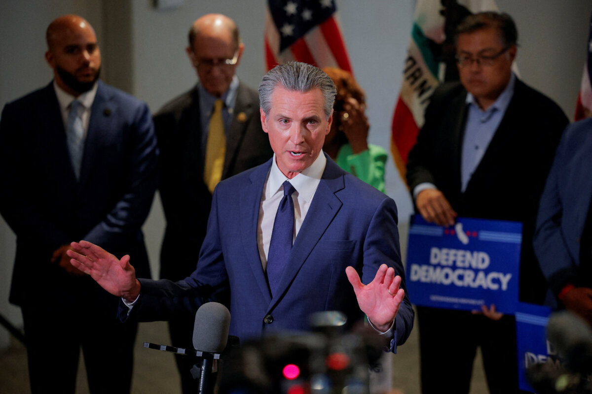 California Gov. Gavin Newsom speaks to reporters in Los Angeles on Aug. 14, 2025. (Mike Blake/Reuters)
