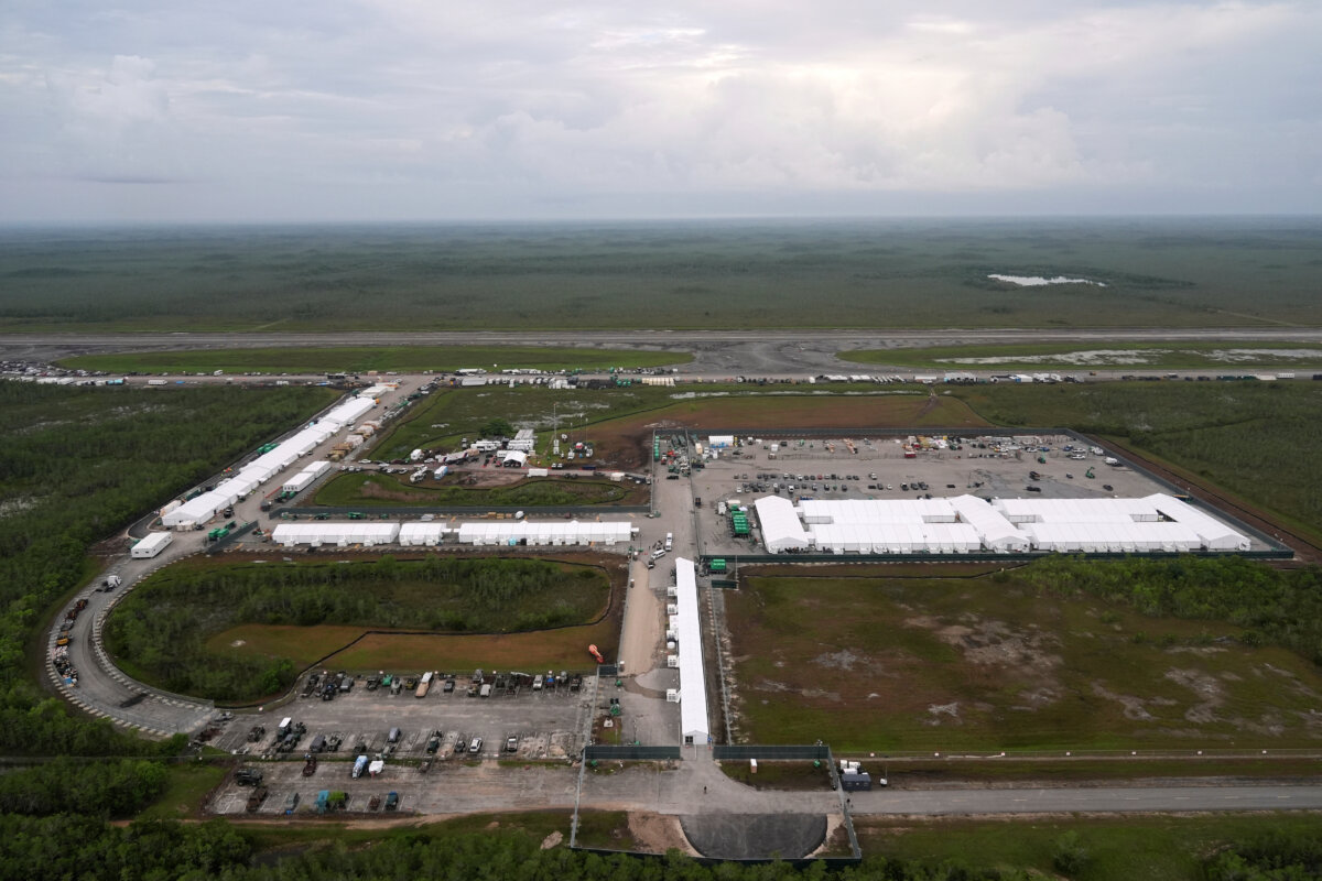 Work progresses on a new migrant detention facility dubbed "Alligator Alcatraz" at Dade-Collier Training and Transition facility in the Florida Everglades on July 4, 2025. (Rebecca Blackwell/AP Photo)
