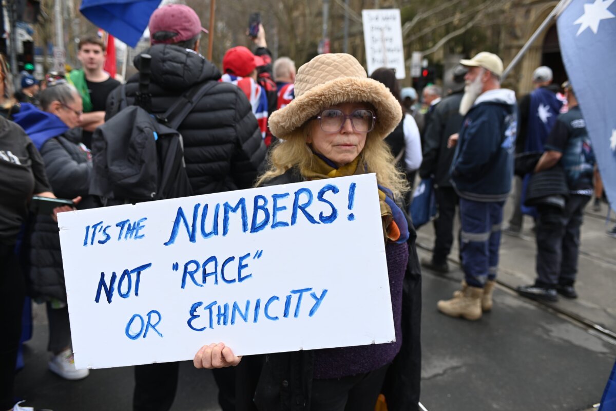 Protesters during an immigration rally, in Melbourne, Australia, on Aug. 31, 2025. (AAP Image/Michael Currie)