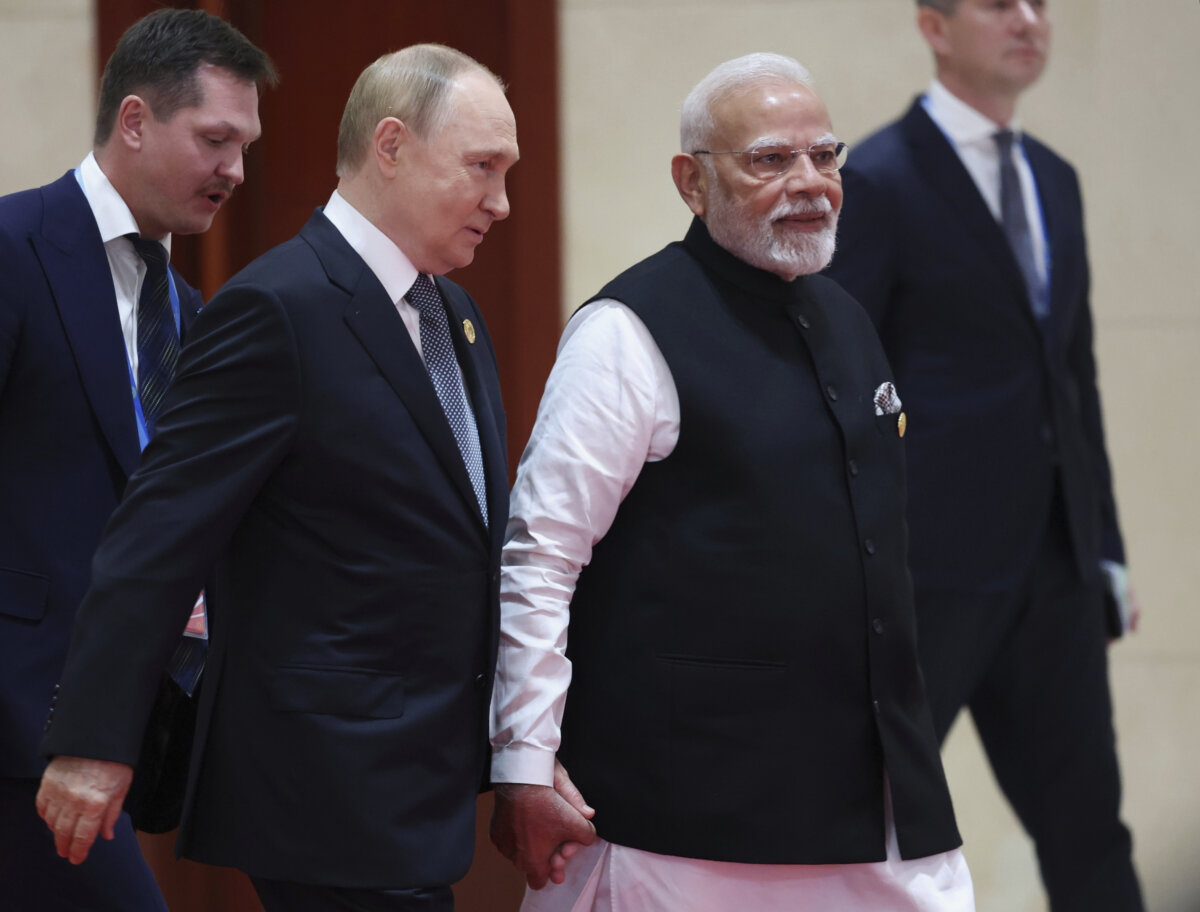 Russian President Vladimir Putin (center left) and Indian Prime Minister Narendra Modi (center right) attend the Shanghai Cooperation Organization (SCO) summit in Tianjin, China, on Sept. 1, 2025. (Alexander Kazakov, Sputnik, Kremlin Pool Photo via AP)